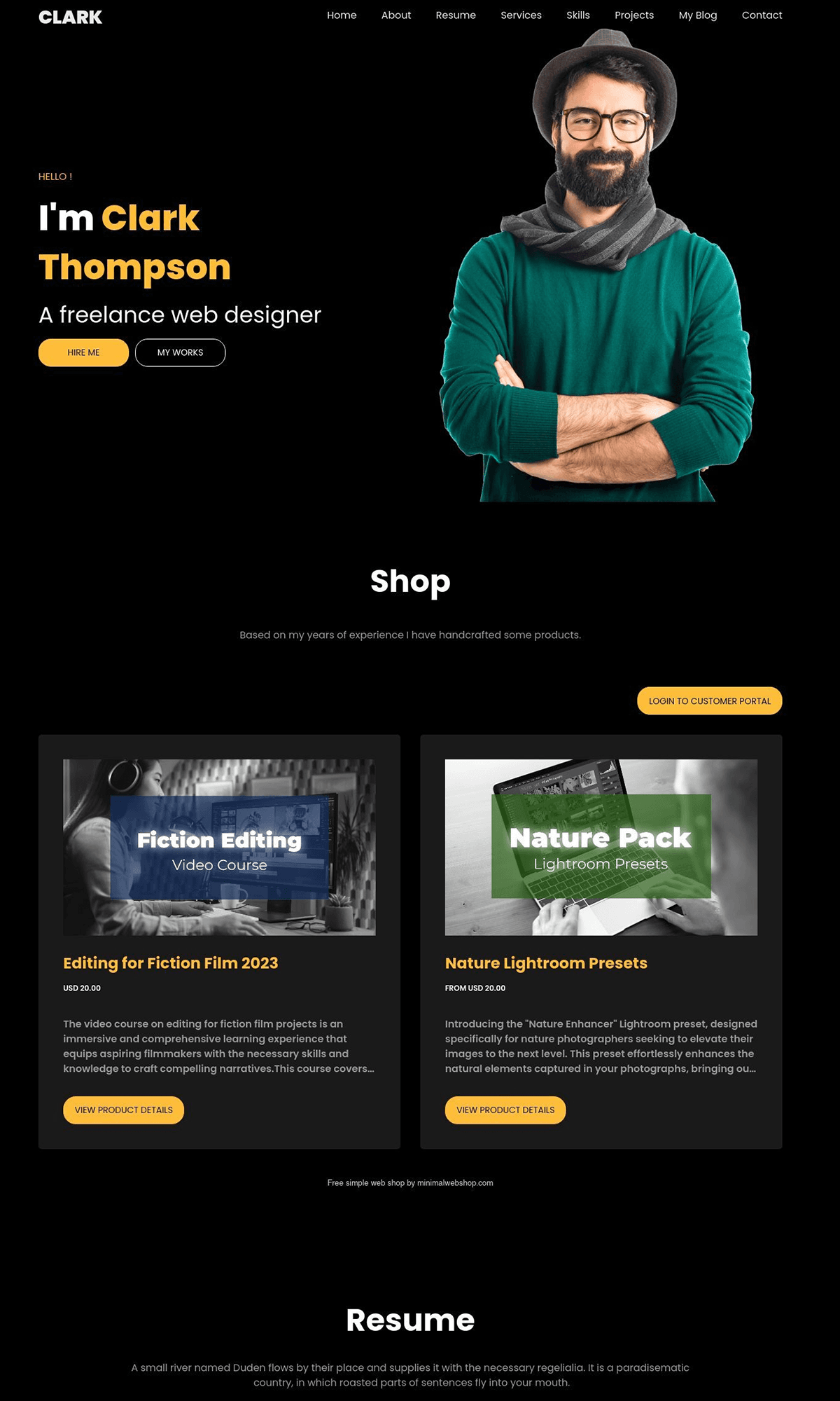 Screenshot of an example website showing MinimalWebshop