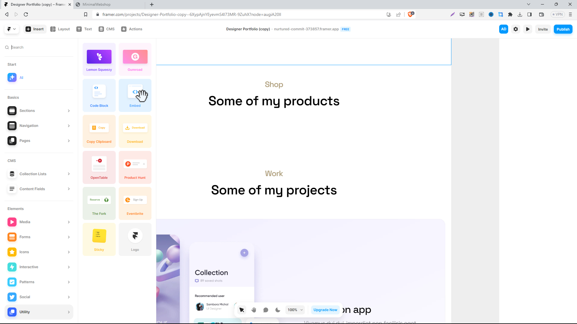 Screenshot of Embed widget in framer