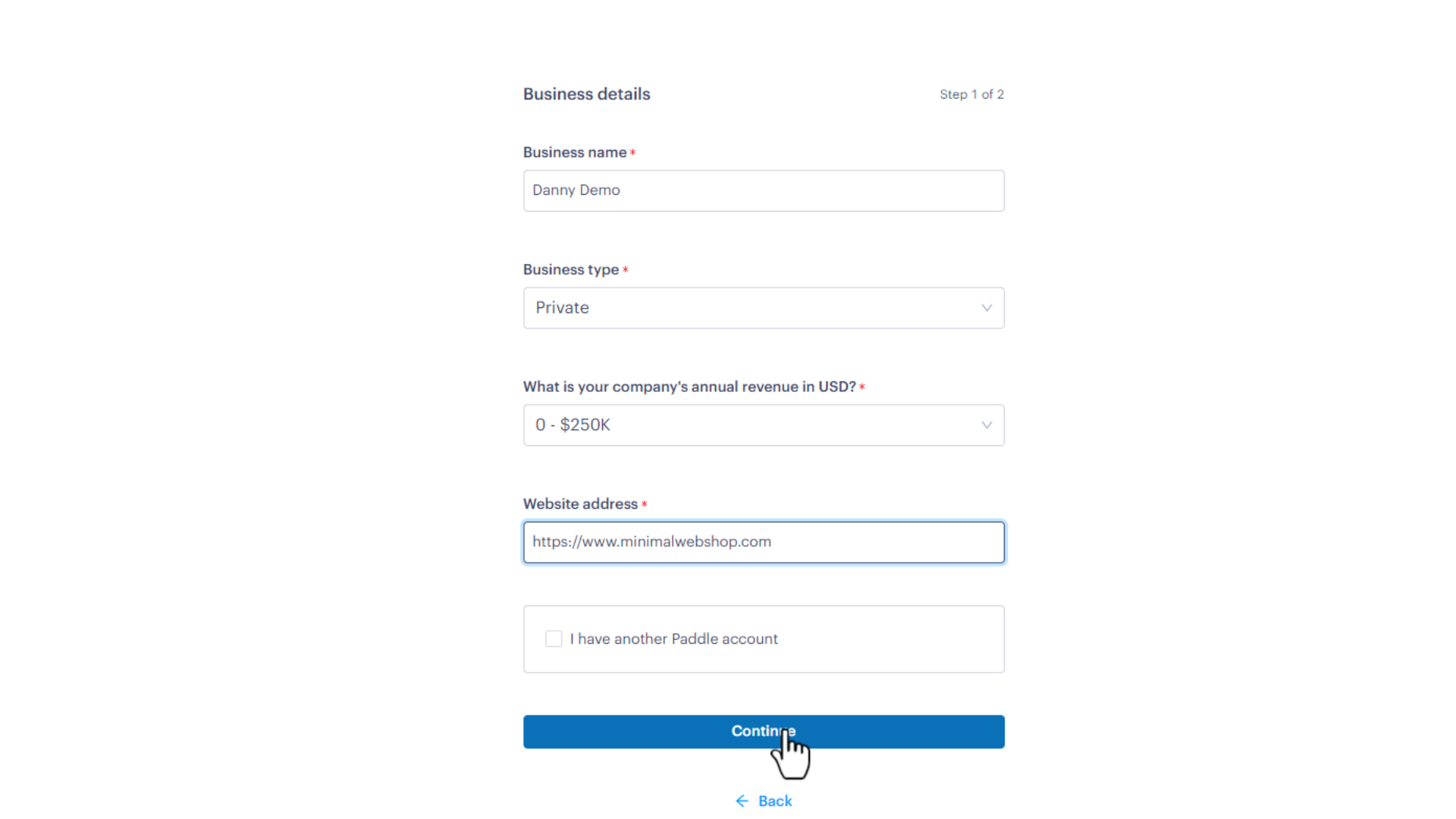 Screenshot of Paddle Sandbox - Business Information