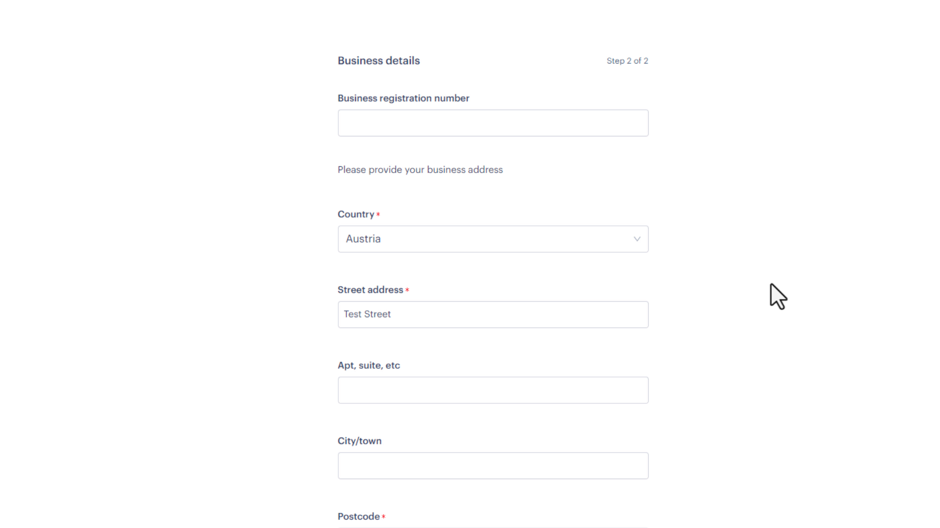 Screenshot of Paddle Sandbox - Business Address